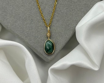 Dainty Emerald Necklace: Gold Wire Wrapped May Birthstone Pendant