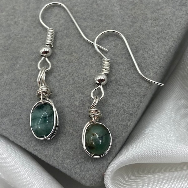 Raw Emerald Silver Dangle Earrings: Minimalist May Birthstone
