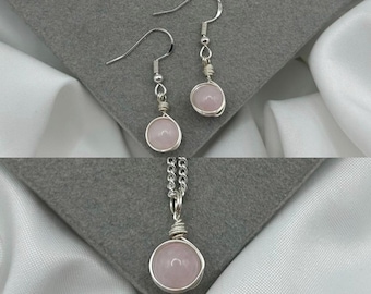 Rozenkwarts zilveren ketting oorbellen set: draadgewikkelde helende kristallen