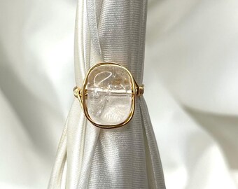 Chunky Clear Quartz Ring: Gold Wire Wrapped Crystal Statement Jewelry