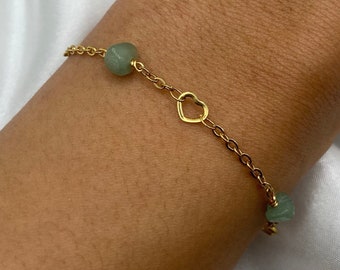 Gold Heart Crystal Bracelet Green Aventurine dainty Chain bracelet, Stainless Steel Tarnish Resistant, Gold