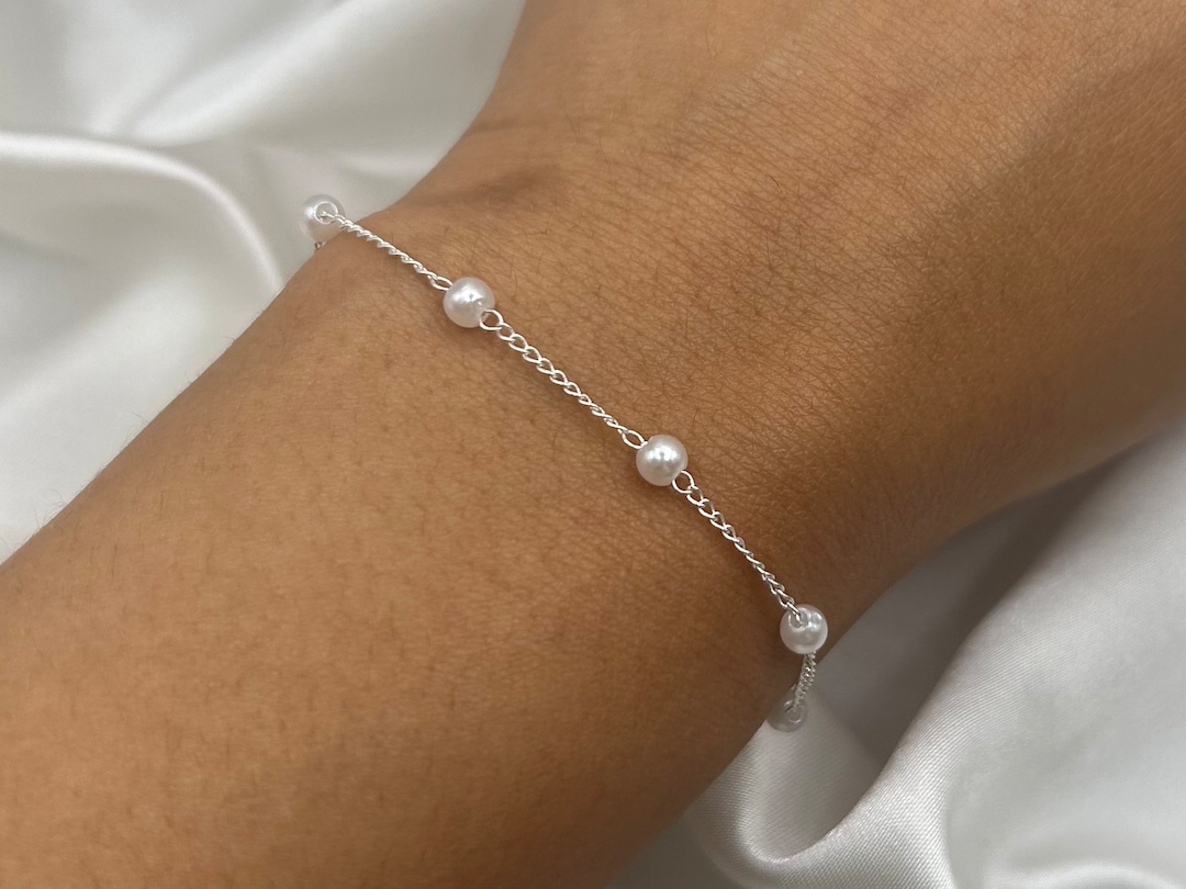 Silver Pearl Bracelet, Dainty Pearly Bridesmaids Wedding Jewellery