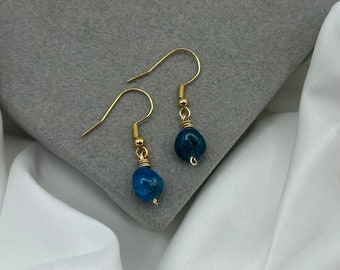 Dainty Blue Apatite Crystal Earrings, Dangle Drop Earring, Hippie Boho Gemstone Hooks, Minimalist, Something Blue Gift for Herr Handmade