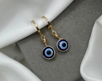 Gold Evil Eye Hoop Earrings Wire Wrapped Dark Blue Huggie Hoops Jewelry Wire Drop Dangle Handmade Earring Nazar Turkish Eye Protection Luck
