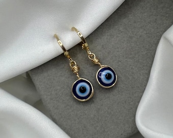 Gold Evil Eye Hoop Earrings: Handmade Wire Wrapped Nazar Huggies