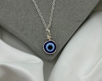 Blue Evil Eye Necklace Silver, Protection Pendant, Handmade Jewellery, Tiny Evil Eye, Nazar Necklace, Bridesmaid gifts, Boho, Hippie, Charm