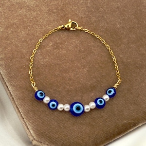 Bracelet mauvais œil en argent doré, bijoux bleus pour les yeux délicats, bijoux faits main, cadeau d&#39;amitié oeil de Hamsa Nazar à empiler tous les jours