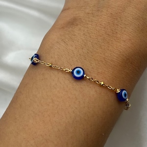 Gold Evil Eye Bracelet, Blue Dainty Eye Bracelet, Handmade Jewellery, Tarnish Resistant Stainless Steel, Friendship Gift, Hamsa Nazar Eye