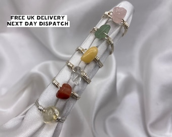 Silver Healing Crystal Handmade Wire Wrapped Ring Aventurine Clear Quartz Rose Quartz Carnelian Citrine Yellow Jade