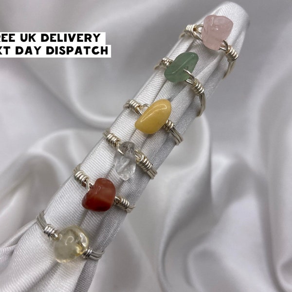 Silver Healing Crystal Handmade Wire Wrapped Ring Aventurine Clear Quartz Rose Quartz Carnelian Citrine Yellow Jade