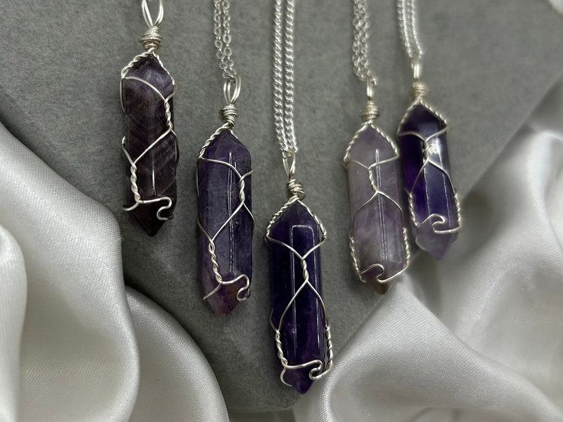 Amethyst Crystal Point Necklace, Healing Crystal Pendant, Silver Cable Curb Chain, Handmade Jewellery Gemstone Jewellery Gift Natural image 3