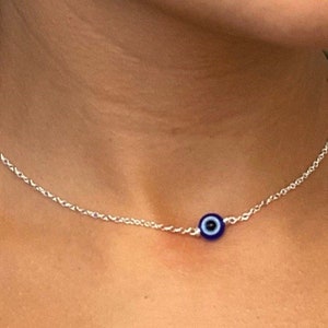 Dainty Silver Evil Eye Necklace Choker Protection Jewellery Minimalist Dark Blue Bead Nazar Eye Turkish Eye image 1