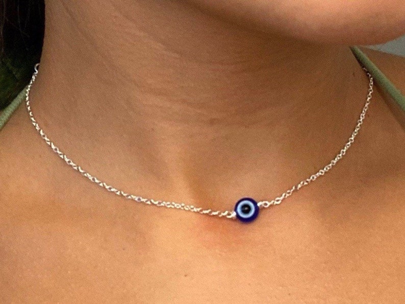 Dainty Silver Evil Eye Necklace Choker Protection Jewellery Minimalist Dark Blue Bead Nazar Eye Turkish Eye image 1