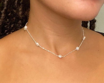 Collar de perlas de agua dulce de plata, gargantilla, cadena de cuentas, joyería de 35,5 cm, 40,6 cm y 45,7 cm