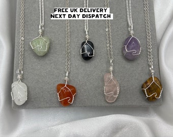 Silver Healing Crystal Necklace Amethyst Rose Quartz Clear Quartz Green Aventurine Onyx Tigers Eye Natural Stone Wire Wrap Pendant