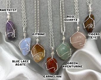 Dainty Silver Crystal Necklaces Healing Carnelian Amethyst Rose Quartz Green Aventurine Blue Lace Agate Natural Stone Wire Wrapped