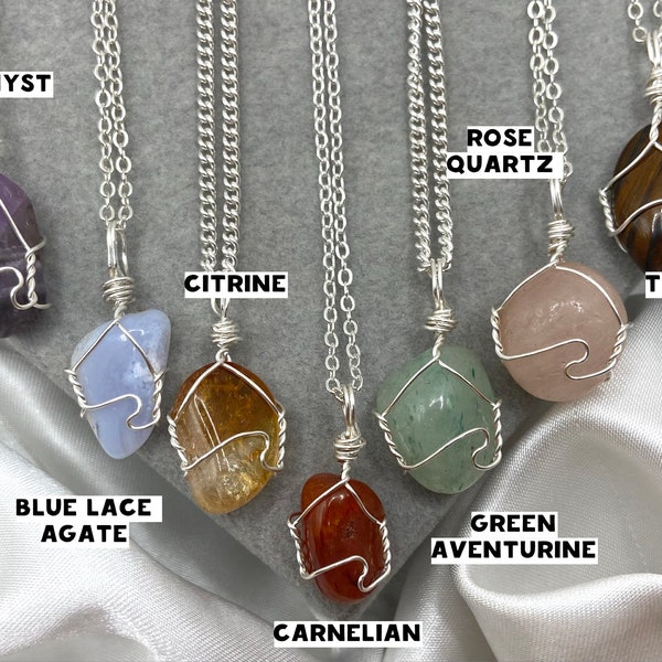 Dainty Silver Crystal Necklaces Healing Carnelian Amethyst Rose Quartz Green Aventurine Blue Lace Agate Natural Stone Wire Wrapped