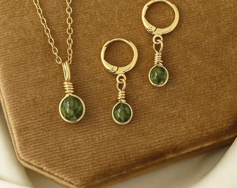 Peridot Jewelry Set: Gold Crystal Necklace & Hoop Earrings, August Birthstone