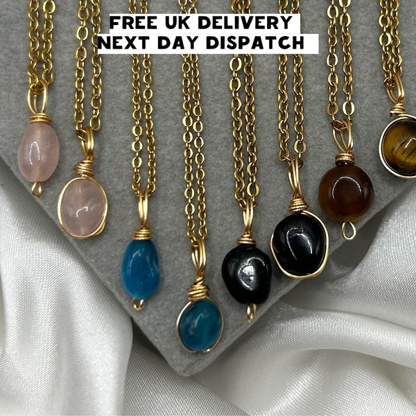 Dainty Healing Crystal Necklace Gold Silver Gemstone Pendant Layered Jewellery Friendship Everyday Jewelry Gift Blue Apatite Rose Quartz