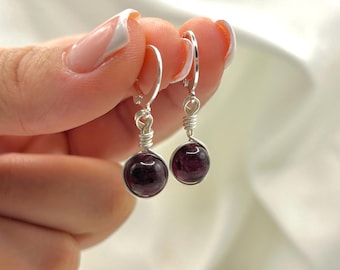Garnet Silver Huggie Hoop Earrings, January Birthstone