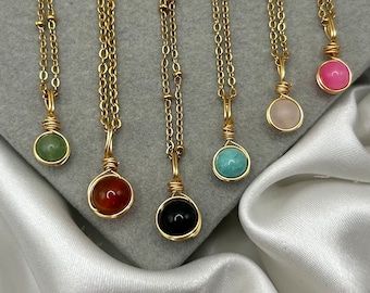 Gold Wire Wrap Crystal Pendant Necklace: Rose Quartz, Aventurine, Carnelian