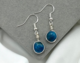 Blue Apatite Earrings Silver Dangle Drop Earring Gemstone Charm Earrings Tiny Dainty Small Minimalist Mothers Day Gift Handmade Jewellery