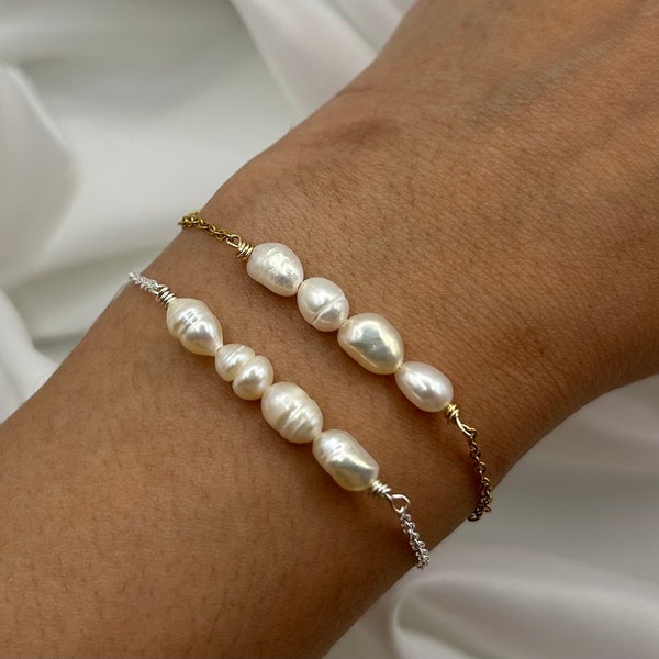 Gold Silver Multiple Freshwater Pearl Bracelet Dainty Pearls Bridesmaids Wedding Jewellery Bride Friendship Gift Simple Minimalist Everyday