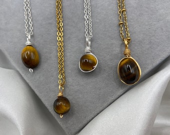 Tigers Eye Crystal Necklace: Gold or Silver Chain, Healing Jewelry