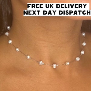 Silver Pearl Nekclace Stainless Steel Silver Plated Freshwater Pearl Choker Chain Beads Jewellery 14 16 18 image 1