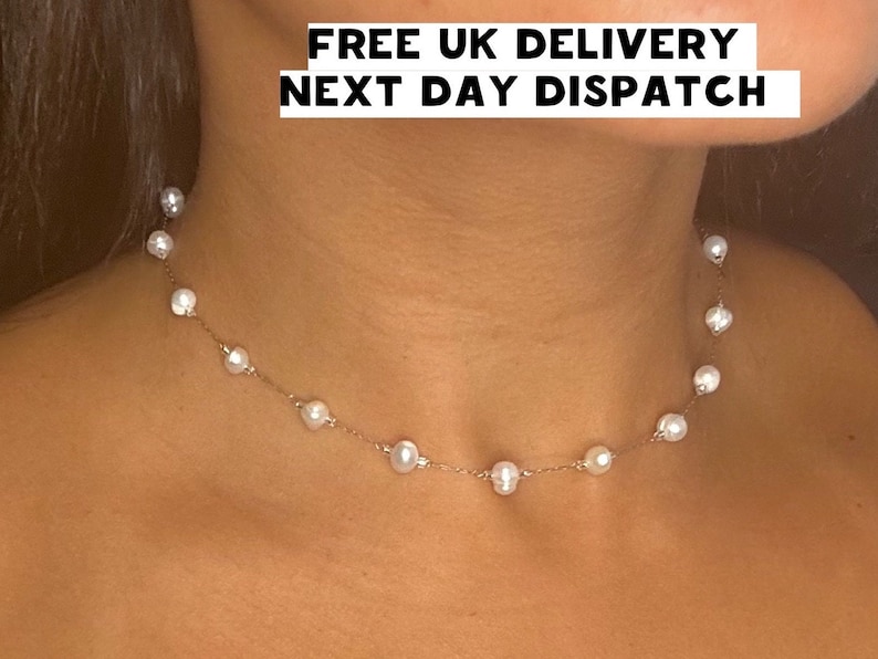 Silver Pearl Nekclace Stainless Steel Silver Plated Freshwater Pearl Choker Chain Beads Jewellery 14 16 18 image 1