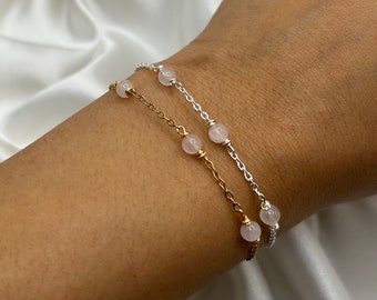 Rose Quartz Beaded Crystal Bracelet, Gold Silver, Genuine Healing Crystal, Minimalist Gemstone  for her Natural Stone Love Relationships