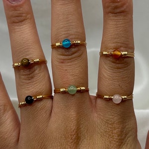 Gold Crystal Ring Gemstone Dainty Handmade Wire Wrap Unique Gemstone Boho Rings For Women Hippie Jewellery Aventurine Rose Quartz Carnelian