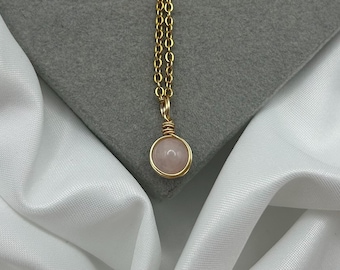 Rose Quartz Crystal Gold Necklace: Healing Crystal, Natural Stone, Wire Wrap Handmade Dainty Pendant
