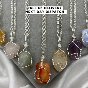Dainty Healing Crystal Necklaces Silver Boho Amethyst Rose Quartz Green Aventurine Blue Lace Agate Citrine Natural Stone Wire Wrap Pendant