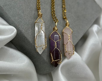 Handmade Crystal Point Necklace: Gold Wire Wrapped Gemstone Pendant