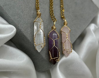 Healing Crystal Point Necklace, Crystal Pendant, Gold, Handmade Jewellery Gemstone Clear Quartz Rose Quartz Amethyst Gift Natural