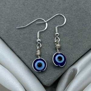 Silver Evil Eye Earrings Wire Wrapped Dark Blue, Evil Eye Jewelry Wire Drop Dangle Handmade Earring Nazar Turkish Eye Protection Luck