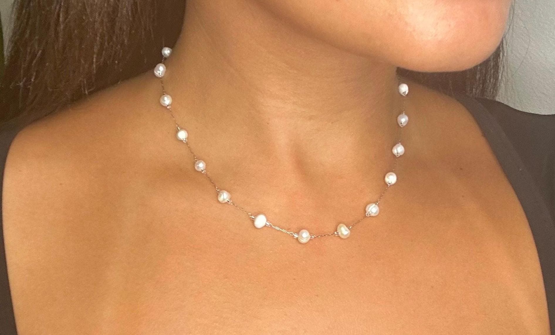 Freshwater Pearl Necklace, June Birthstone, Silver Plated Chain 