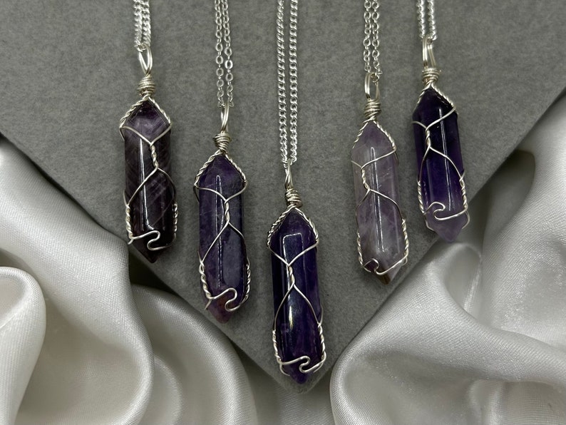 Amethyst Crystal Point Necklace, Healing Crystal Pendant, Silver Cable Curb Chain, Handmade Jewellery Gemstone Jewellery Gift Natural image 1