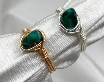 Malachite Healing Crystal Ring Silver Gold Wire Wrapped Jewellery Handmade Jewelry Wire Wrapped Rings