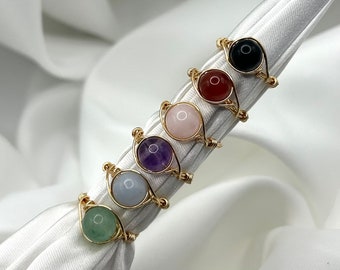 Gold Healing Crystal Rings Dainty Gemstone Wire Wrapped Rings Unique Natural Stone Handmad Jewellery Carnelian Rose Quartz Aventurine