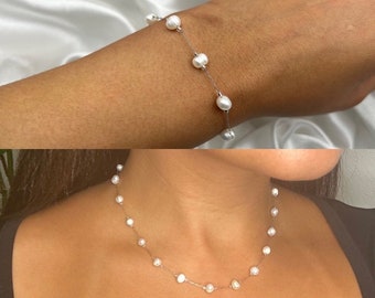 Silver Pearl Necklace Bracelet Set, Dainty Freshwater Pearl Bridesmaids Wedding Jewellery Set, Bride Friendship Gift Minimalist, Everyday