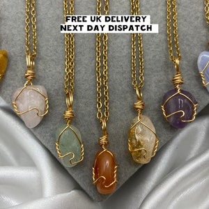 Dainty Healing Crystal Necklaces Gold Boho Amethyst Rose Quartz Green Aventurine Blue Lace Agate Citrine Natural Stone Wire Wrap Pendant