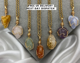 Zierliche Healing Kristallhalsketten Gold Boho Amethyst Rosenquarz Grün Aventurin Blaue Spitze Achat Citrin Naturstein Wire Wrap Anhänger