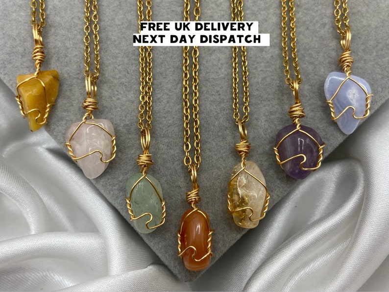 Dainty Healing Crystal Necklaces Gold Boho Amethyst Rose Quartz Green Aventurine Blue Lace Agate Citrine Natural Stone Wire Wrap Pendant zdjęcie 1