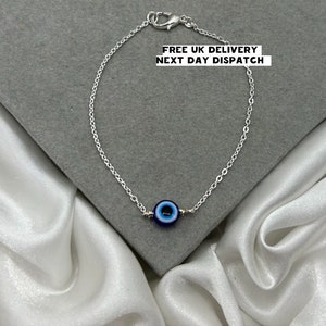 Pulsera de ojo turco de plata, pulsera de ojo azul delicado, joyería hecha a mano, resistente al deslustre, regalo de Navidad, regalo de amistad, ojo de Hamsa Nazar