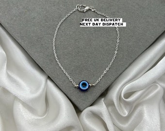 Silver Evil Eye Bracelet, Blue Dainty Eye Bracelet, Handmade Jewellery, Tarnish Resistant, Christmas Gift, Friendship Gift, Hamsa Nazar Eye