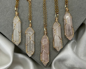 Rose Quartz Crystal Point Necklace, Healing Crystal Pendant, Gold Cable Curb Chain, Handmade Jewellery Gemstone Gift Natural Stone