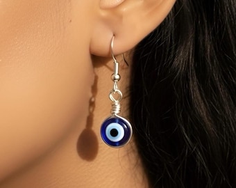 Silber Evil Eye Ohrringe, Wire Wrapped Nazar Auge, Schutz, handgemachte Schmuck