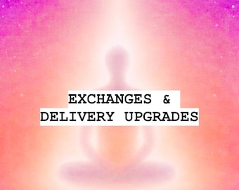 May include: A graphic featuring a blurred, glowing silhouette of a person in a seated meditation pose against a vibrant pink and orange gradient background. Centered in the image is a white rectangular box containing the black text EXCHANGES & DELIVERY UPGRADES.
